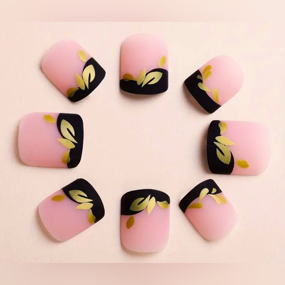 Short Square Tip Black French Manicure with Gold Accents, NIB Kit - Picture 2 of 3